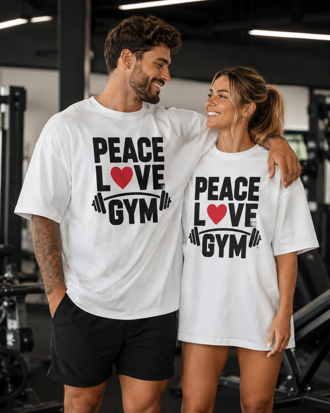 PEACE LOVE GYM COUPLE - Unisex Oversized  T-Shirt