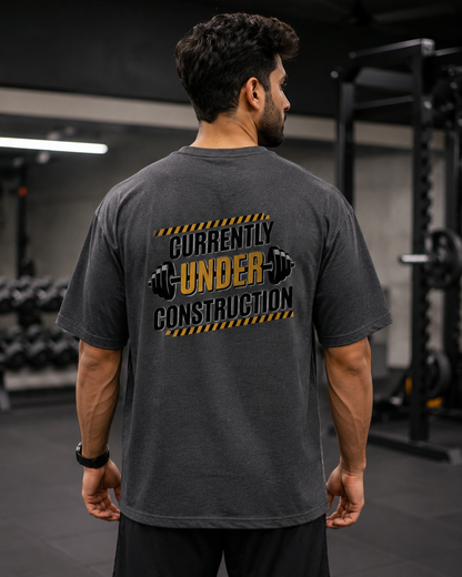 Back Print Under Construction - Round Neck T-Shirt