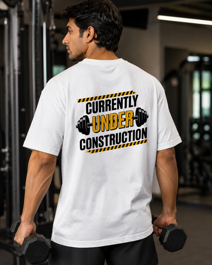 Back Print Under Construction - Round Neck T-Shirt